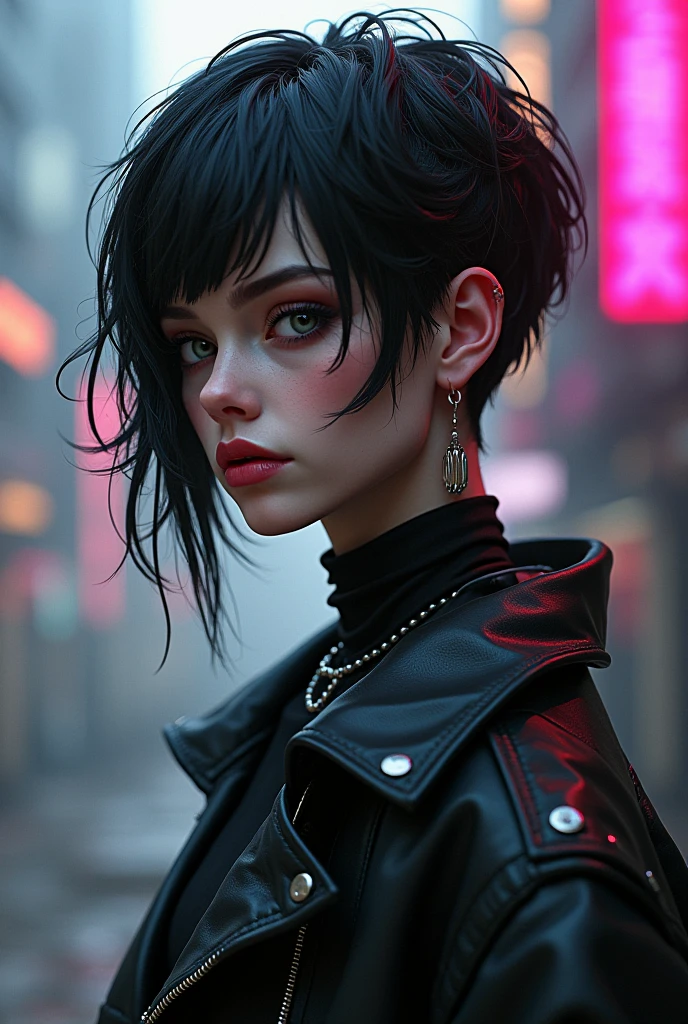 Five M female character, fair skin, pink, black hair, wolf cut, gray eyes