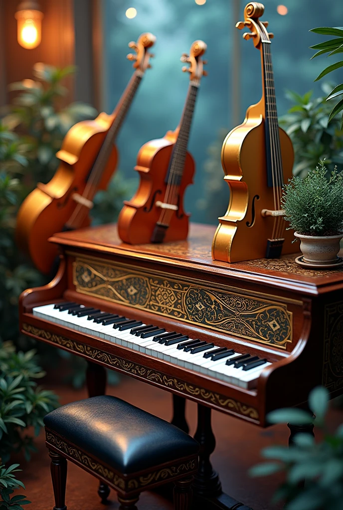 A beautiful image of various musical instruments including bass guitar, drumkit, guitar, keyboard, guitar, and saxophone , com o keyboard em destaque , show all instruments