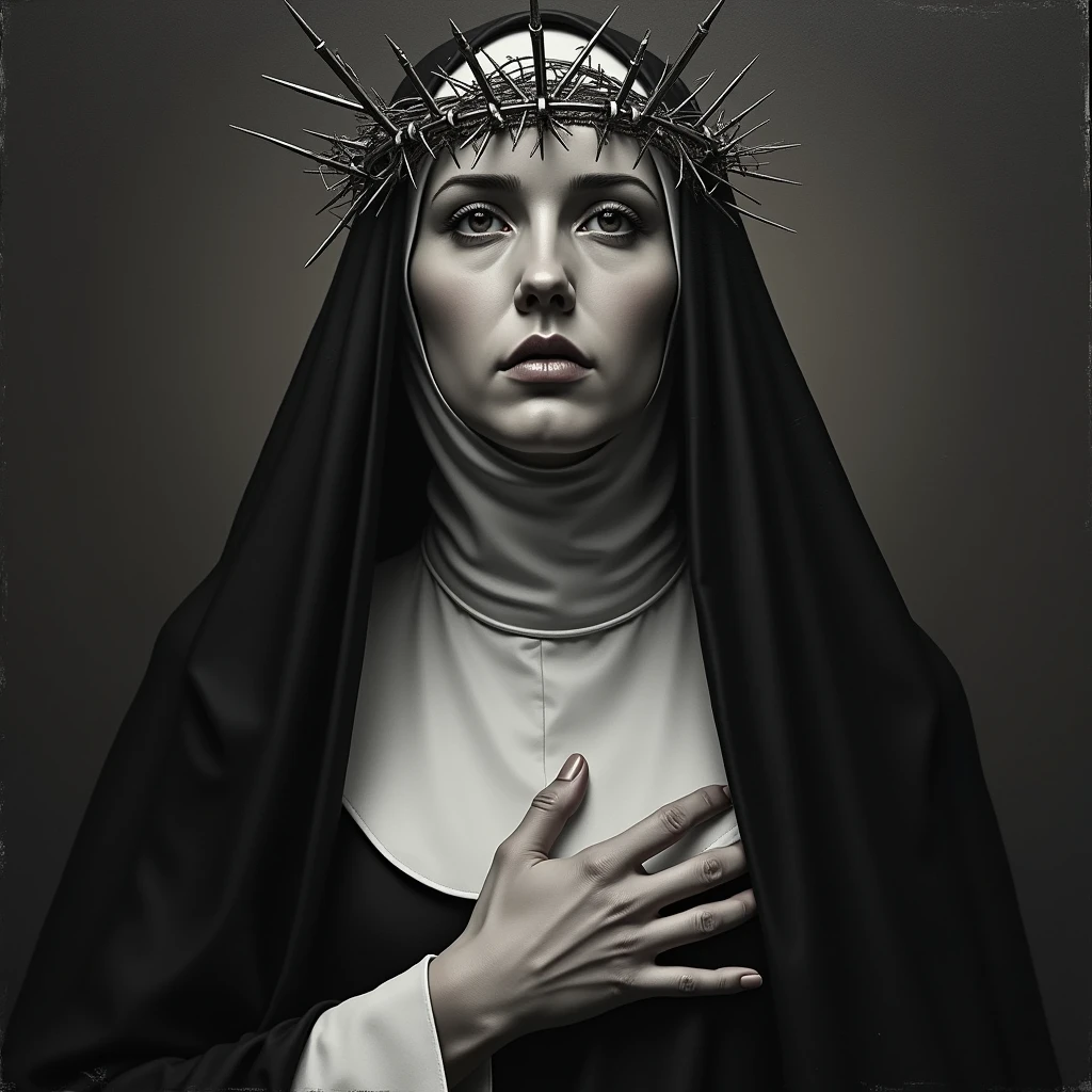 Saint Rose of Lima with her black and white and wicked clothing, Using metal and nail crown.
