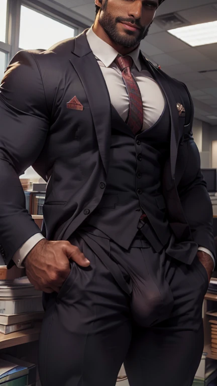 Office suit and showing hairy chest close up focus on wetty bulge indian perfect wetty big hairy monster ed bulge in pant, masterpiece, seductive 