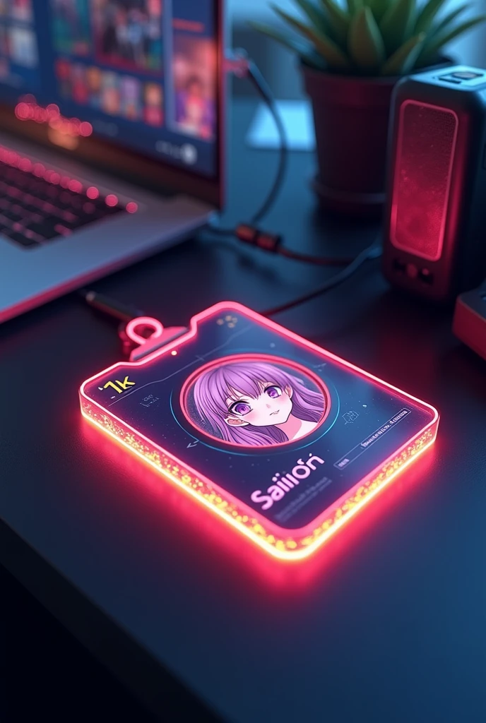 creat a instagram profile and glass id card on a black desk displaying instagram logo and realistic profile photo of a anime girl in circle and " saicooffical " is written in bold fonts under the profile photo and "1k"follower written the instagram card is glowing in pink and blue color on the edge, instagram follower and profile