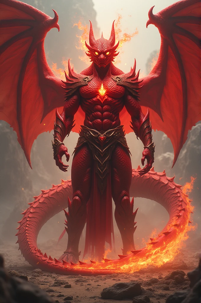 Red human dragon standing with his tail wrapped around him
