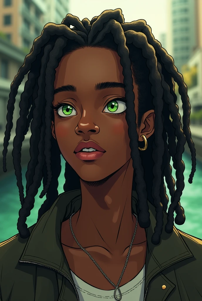 (Maximum quality, 16K, work of art: 1.3)), young black man, Portrait of a dark-skinned adult man(afroamerican:1.2 , 20 years old) with dark black dreadlocks and a white shirt, urban boy fanart, solo portrait 🎨🖌️, unknown artstyle, detailed portrait of the character, garota negra de アニメ mangá, urban city background , green eyes water, rosto macio de アニメ detalhado,  アニメ, Estilo de アニメ masculino, retrato de meio corpo, Highly detailed texture of face and skin, detailed light green eyes