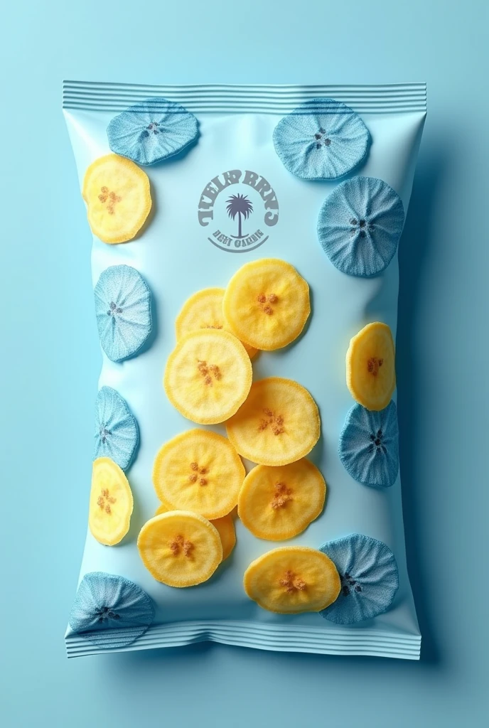 Blue coloured banana chips packet with the water mark of banana tree in a light shade and yellow colour banana chips in centre
