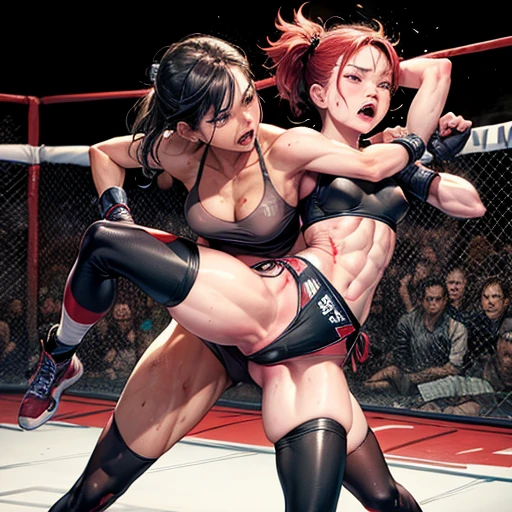 two (bloody) beautiful Japanese female fighters are fighting in the octagon fighting ring of underground arena with audience. a fighter is punching a face of another fighter who back is pusshed to the wire fence. they are covered in (blood) and (bruises). (Intense violence), her face is distorted by opponent's attack.they are damaged terribry. Short-cut black hair, out of breath, drooling from mouth, one eye is closed, exhausted, drenched in sweat. Erect nipples. open finger glove. sports-bra, high-leg panty, Stockings. armwarmers. Whittled waistline, muscular, sixpack abs, small breasts
