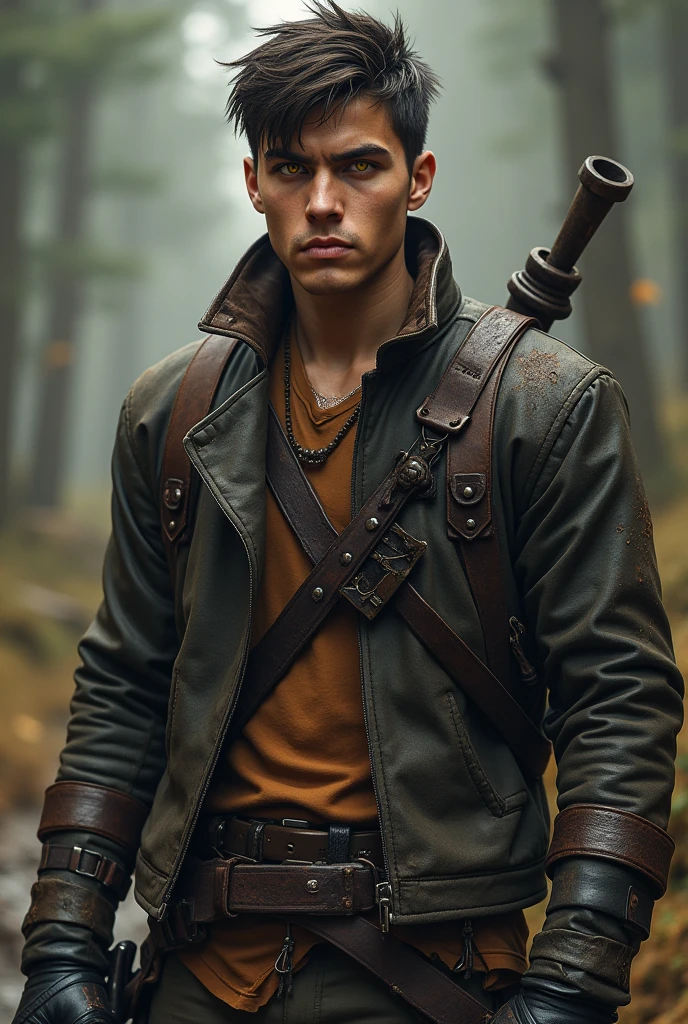 Fantasy Boy, outrider, brown t shirt, rustic shoulder arm and black leather gloves, brown leather long jacket, short hair with piercing, yellow eyes, angry smile