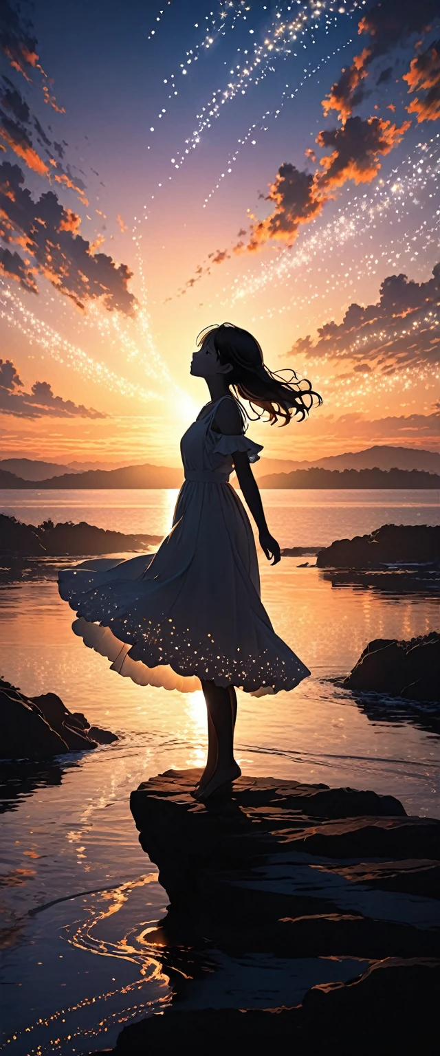 The image depicts a silhouette of a girl standing against a stunning sunset background. The sky transitions from a deep White, near the horizon to a deep White as it ascends. The figure appears to be enveloped in a series of tiny glowing fairy lights, some of which are illuminated, creating a stunning and captivating contrast to the dark silhouette. The figure appears to be holding out one arm, perhaps adjusting to or interacting with the lights. The overall mood of the image is peaceful and magical.