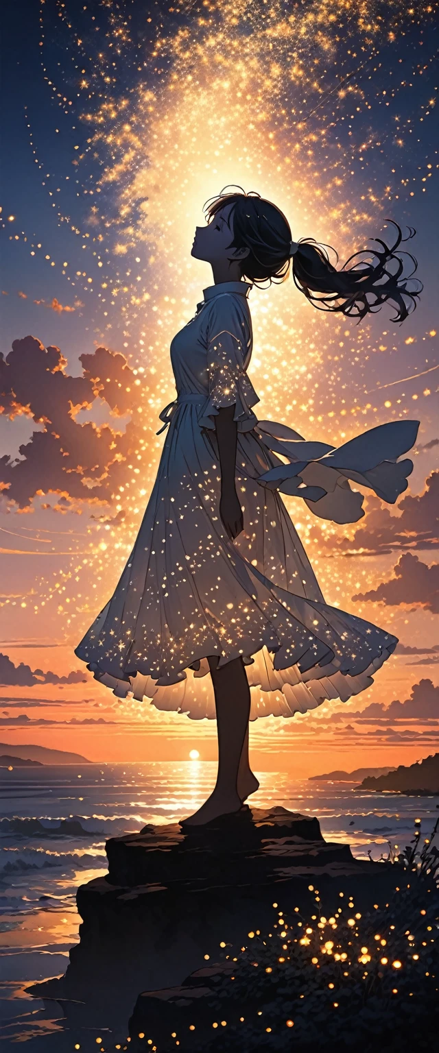 The image depicts a silhouette of a girl standing against a stunning sunset background. The sky transitions from a deep White, near the horizon to a deep White as it ascends. The figure appears to be enveloped in a series of tiny glowing fairy lights, some of which are illuminated, creating a stunning and captivating contrast to the dark silhouette. The figure appears to be holding out one arm, perhaps adjusting to or interacting with the lights. The overall mood of the image is peaceful and magical.