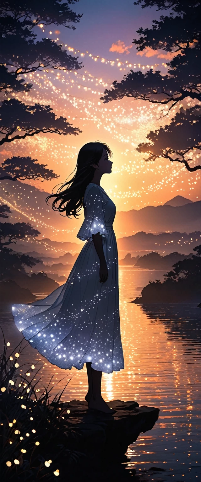 The image depicts a silhouette of a girl standing against a stunning sunset background. The sky transitions from a deep White, near the horizon to a deep White as it ascends. The figure appears to be enveloped in a series of tiny glowing fairy lights, some of which are illuminated, creating a stunning and captivating contrast to the dark silhouette. The figure appears to be holding out one arm, perhaps adjusting to or interacting with the lights. The overall mood of the image is peaceful and magical.