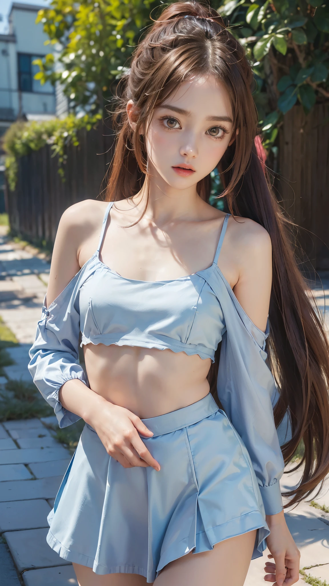 Standing with the sandy beach in the background、 long legs、two girls、(((flat chest))), (flat chest:1.1)、((best quality)), ((masterpiece)), (detailed), 1girl, off-shoulder,clothes too big exposing chest,(little chest),(beautiful big eyes:1.3),extremely detailed cute face, (((flat chest))),intricate eyes,beautiful detailed eyes,symmetrical eyes,(((detailed face))),beautiful detailed lips,(nsfw)), ((downblouse, upskirt)),(((flat chest))), (flat chest:1.1)、(baggy, sagging clothes, upskirt, downblouse), dynamic pose,looking at viewer, (((embarrassed))),(horrified expression),(crying),highres,(best quality),(ultra detailed,extremely detailed),perfect face details, ((masterpiece:1.4, best quality))+, (ultra detailed)+, long twintails, cute girl,blue clothes, (flat chest:1.3), small breasts, prominent collarbones, skinny arms, flat stomach, visible hip bones, long hair, red hair, white hair, blonde hair, dark hair, ponytail, thick ponytail, heavy ponytail, small breasts、Ultra high definition, high quality, High-resolution model, High detail, Very detailed, 
