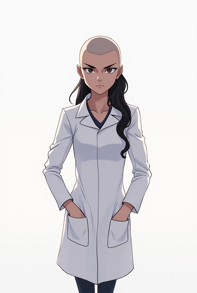 (((baldie))), Woman in white coat (((baldie))), crossed arms, (((baldie))), white background
