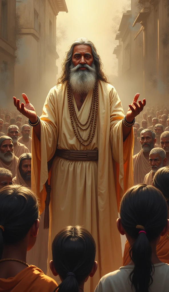 Sant Ravidas Blessing the Poor**: A depiction of Sant Ravidas blessing a group of poor and downtrodden people, their faces filled with hope and gratitude.