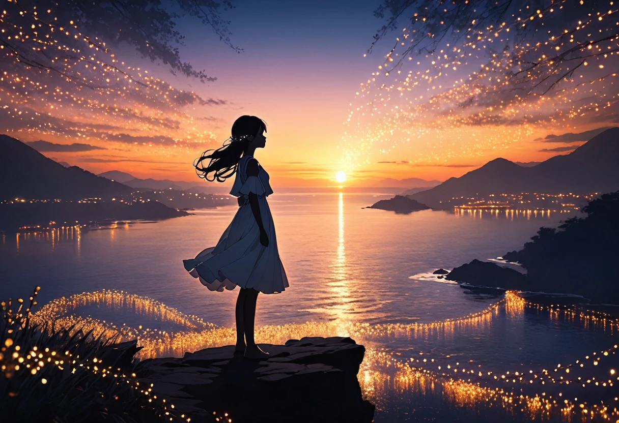 The image depicts a silhouette of a girl standing against a stunning sunset background. The sky transitions from a deep White, near the horizon to a deep White as it ascends. The figure appears to be enveloped in a series of tiny glowing fairy lights, some of which are illuminated, creating a stunning and captivating contrast to the dark silhouette. The figure appears to be holding out one arm, perhaps adjusting to or interacting with the lights. The overall mood of the image is peaceful and magical.