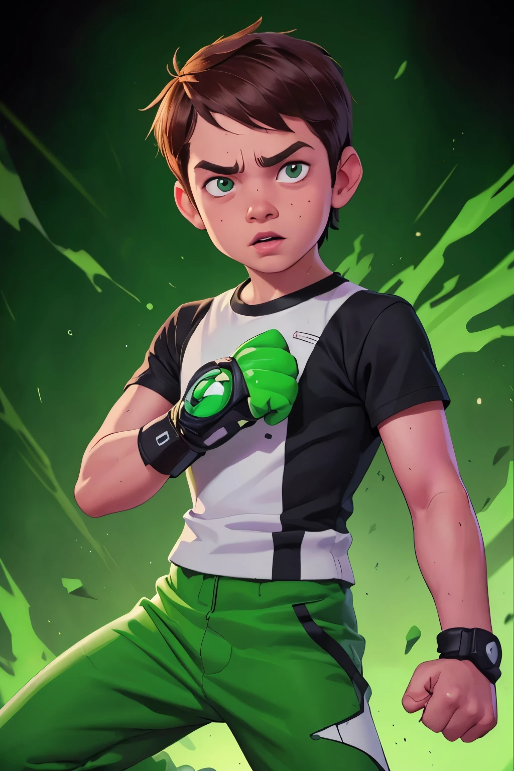 Movie poster, Ben 10 ((A child, *** ))), ((wearing a white outfit with black stripe in the center, large Green pants)), showing fist. ((( Machine on fist))) . ((Action facial expression )) . highy detailed, face detailed, realisitic, cinematic lighting, studio quality, proffesional, face detailed, intrikate, bright coloured. ((Comic lighting background)).