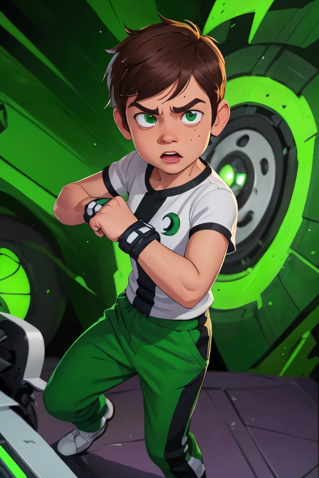 Movie poster, Ben 10 ((A child, *** ))), ((wearing a white outfit with black stripe in the center, large Green pants)), showing fist. ((( Machine on fist))) . ((Action facial expression )) . highy detailed, face detailed, realisitic, cinematic lighting, studio quality, proffesional, face detailed, intrikate, bright coloured. ((Comic lighting background)).