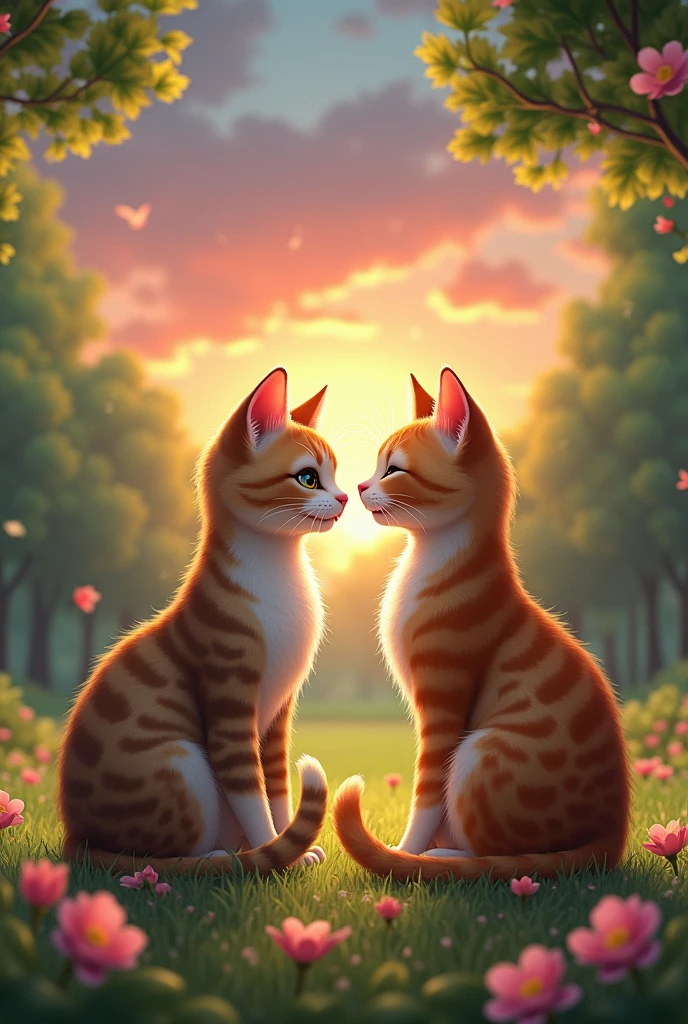 Scene: The now-fit cat is at the park again, where he notices a beautiful rosette-patterned female cat. They lock eyes, and he shyly approaches her.
Emotion: A sweet and romantic atmosphere as the two cats interact playfully, leading to them sitting together, watching the sunset.