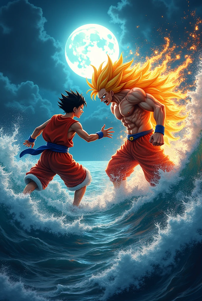 luffy gear 5 vs goku in ocean at midnight
