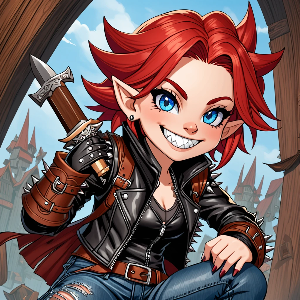 gnome rogue with short, spiky red hair and piercing blue eyes. She wears a leather vest over a pair of denim jeans and a leather jacket. She carries a small, intricately-carved wooden dagger and wears a leather mask with a wicked smile