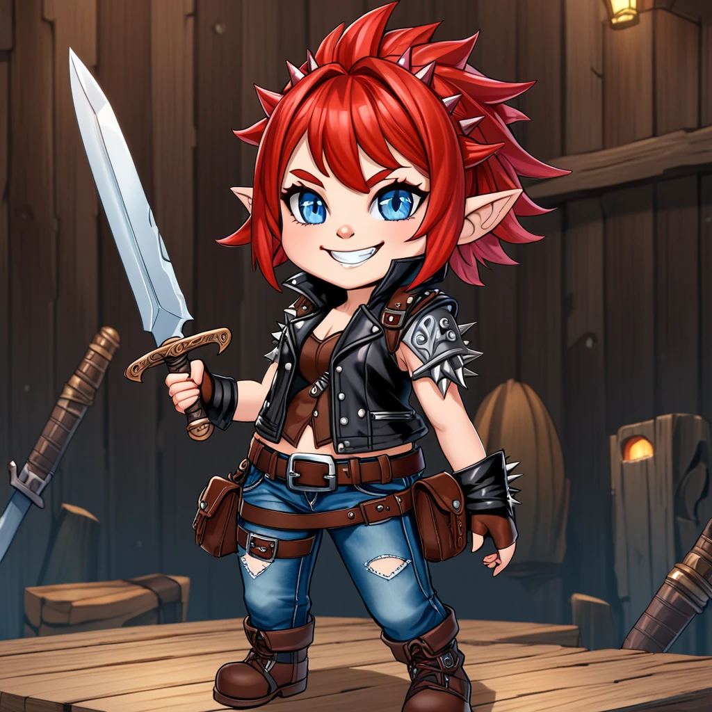 gnome rogue with short, spiky red hair and piercing blue eyes. She wears a leather vest over a pair of denim jeans and a leather jacket. She carries a small, intricately-carved wooden dagger and wears a leather mask with a wicked smile