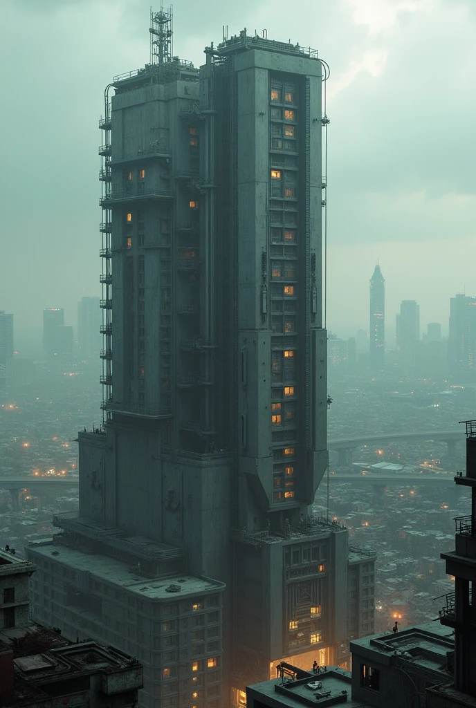 an apartment building in the style of midgar city with a cityscape in the background