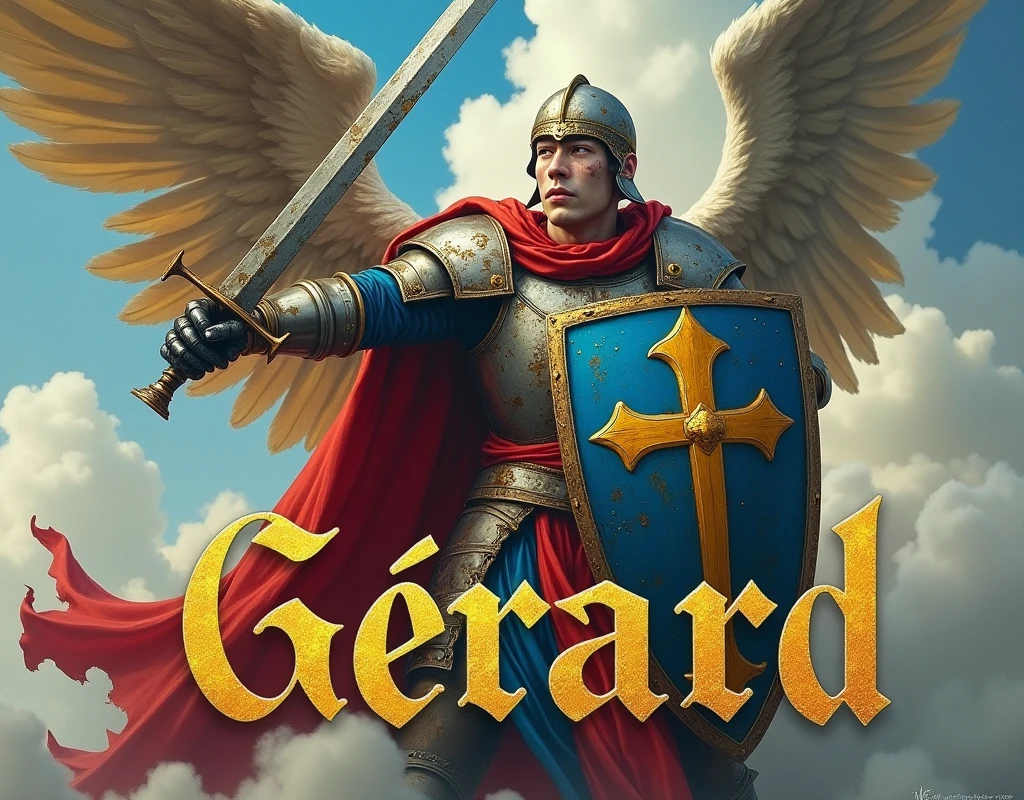 A poster depicting the archangel Saint Michel slaying the dragon with his steel sword, and carrying a large blue and red shield with thin vertical yellow sword painted upwards, damaged by fighting. medieval battered armour & helmet, very battle-damaged, blue and red coat of arms, iron gloves. He has white pale skin and scar on his face. (He's on clouds in the sky, with the words "Gérard" written in large golden letters in the foreground).