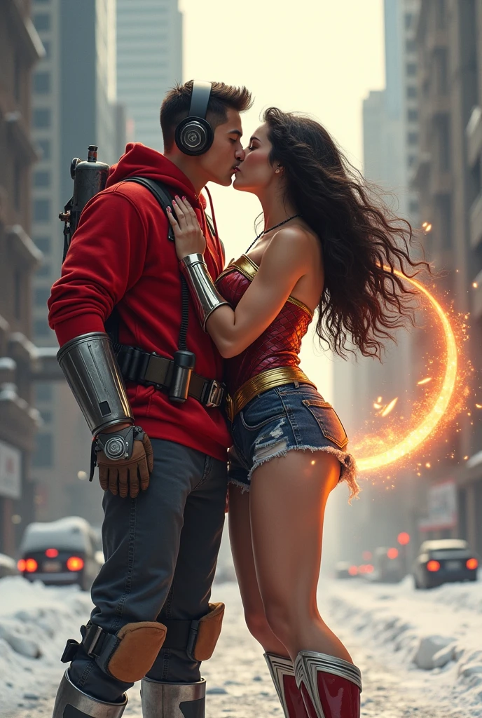 Young kid with red hoodie, headphones, rocket boots, & Wonder woman (Big tits & perfect body), Busty, fighting, power, fiction, full body, 2 persons, magic fire lasso, hight, fall, fire in boots, realistic, gun, kiss on the mouth, tongue kiss, kiss on the breasts, She Sitting on her legs, looking at camera, Hot, Lying down, Winter city, caught in act