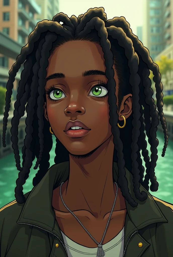 (Maximum quality, 16K, work of art: 1.3)), young black man, Portrait of a dark-skinned adult man(afroamerican:1.2 , 20 years old) with dark black dreadlocks and a white shirt, urban boy fanart, solo portrait 🎨🖌️, unknown artstyle, detailed portrait of the character, garota negra de アニメ mangá, urban city background , green eyes water, rosto macio de アニメ detalhado, アニメ, Estilo de アニメ masculino, retrato de meio corpo, Highly detailed texture of face and skin, detailed light green eyes