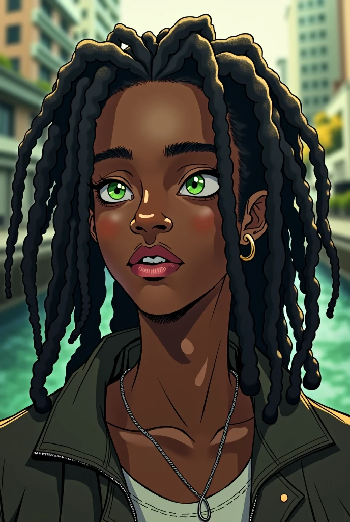 (Maximum quality, 16K, work of art: 1.3)), young black man, Portrait of a dark-skinned adult man(afroamerican:1.2 , 20 years old) with dark black dreadlocks and a white shirt, urban boy fanart, solo portrait 🎨🖌️, unknown artstyle, detailed portrait of the character, garota negra de アニメ mangá, urban city background , green eyes water, rosto macio de アニメ detalhado, アニメ, Estilo de アニメ masculino, retrato de meio corpo, Highly detailed texture of face and skin, detailed light green eyes
