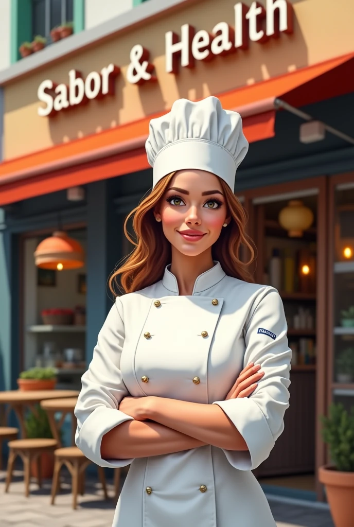 Female chef in front of a restaurant named Sabor & health