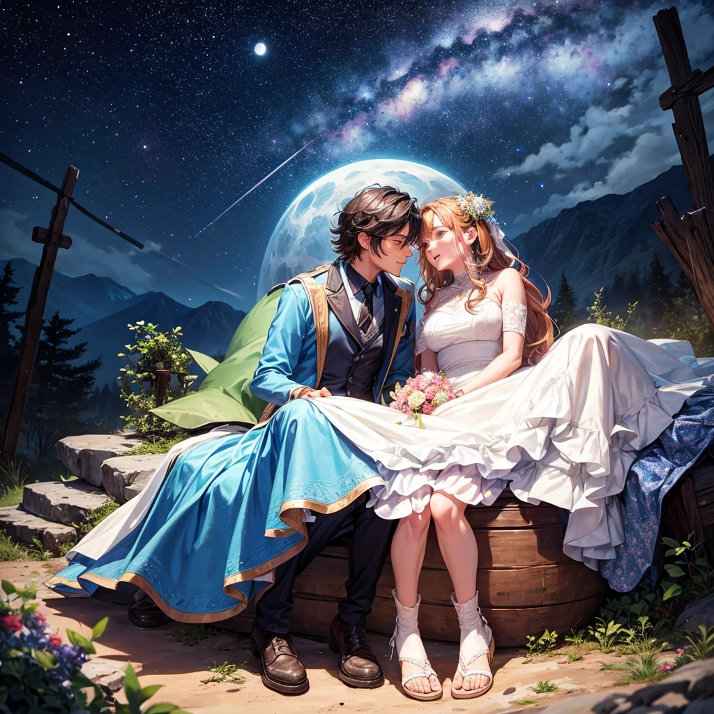 a couple of a man and a woman in love, They are on a mountain, just the two of them and their tent where they sleep., under the full moon and the galaxy in the background, The couple's tent has a dim light, the bonfire is lit. All this within a tear that springs from memory.