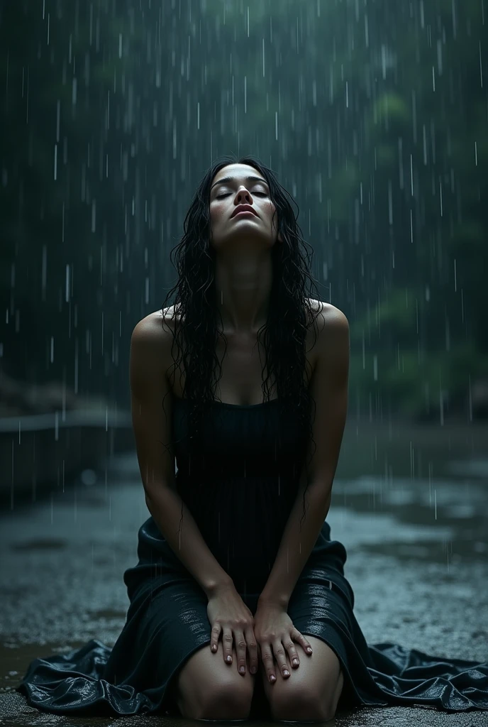 A cinematic, hyper-realistic illustration of a woman kneeling in the pouring rain. She has her eyes closed and her face turned upwards, radiating serenity amidst the storm. Her long, wet hair clings to her as water cascades down. She is wearing a dark dress that is soaked and molded to her body. The background is almost black and out of focus.