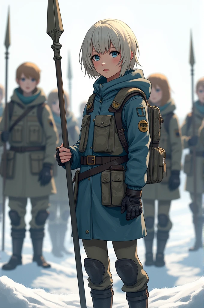 1 girl,short hair, by white, blue eyes, uniform, spear weapon, with his friends