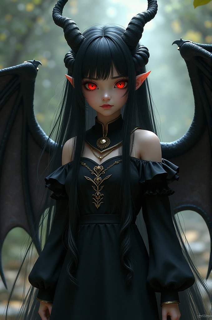 A girl with dragon horns and red eyes, with black hair with pigtails wearing a short black medieval dress with gold details on the edges and ruffles on the back, with big black wings