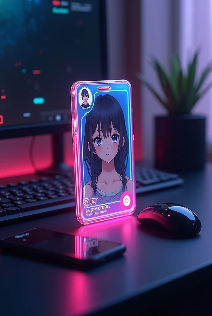creat a instagram profile and glass id card on a black desk displaying instagram logo and realistic profile photo of a anime girl in circle and " saico offical " is written in bold fonts under the profile photo and "1k"follower written the instagram card is glowing in pink and blue color on the edge, instagram follower and profile