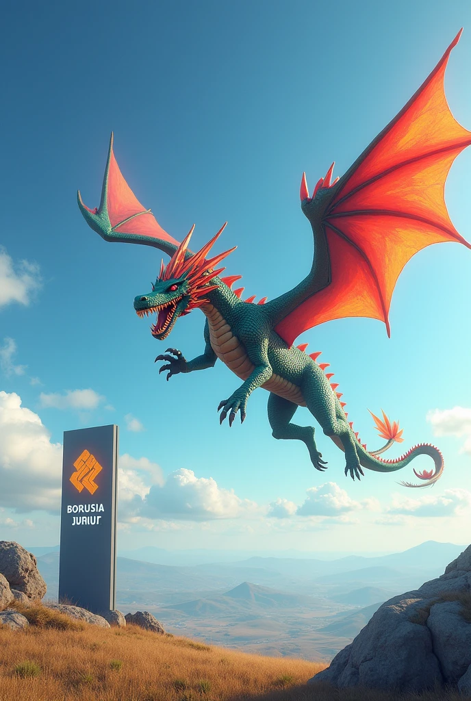 A Dragon flying where there is a sign with the borusia dormud logo 