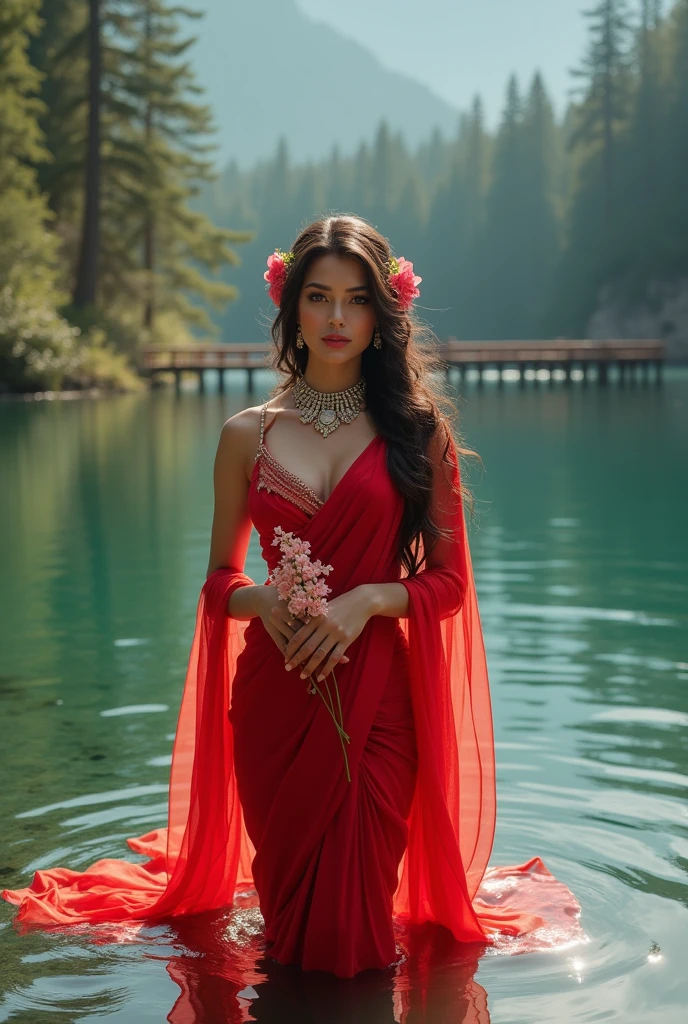 8K, ultra hd, masterpiece, ultra realistic, 1 girl, nice face, very long hair, detailed eyes, detailed lips, (big breasts:1.5) waring elegant 100% transparent vibrant red saree curly High resolution diamonds, jewelry, necklace, earrings, lake, scenery , sitting, Bridge, Forest, standing in lake water, feet in water, Pine trees, Perfect body figure, Beautiful Smile, Cinematic photography, Sexy angles, Stylish poses,8k, high resolution image quality, very body figure clear, Flowers in hand, Flowers in Hair, walking in water, waterfall