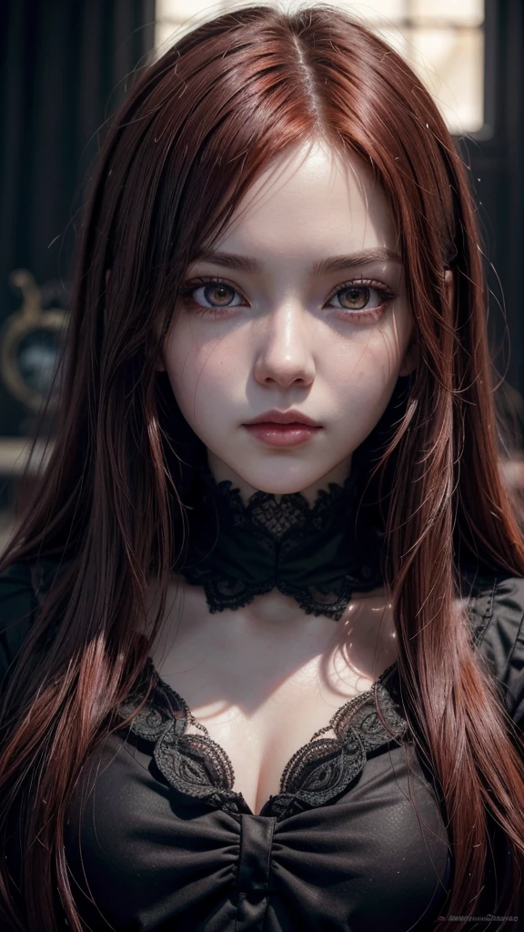 Close up face portrait of a 1 goth girl soft, smooth skin, big dreamy red eyes, beautiful intricate, symmetrical red hair, red wide anime eyes, soft lighting, detailed face, by makoto shinkai, stanley artgerm lau, wlop , rossdraws, concept art, gothic art, schoolgirl in gothic dress digital painting, looking at camera