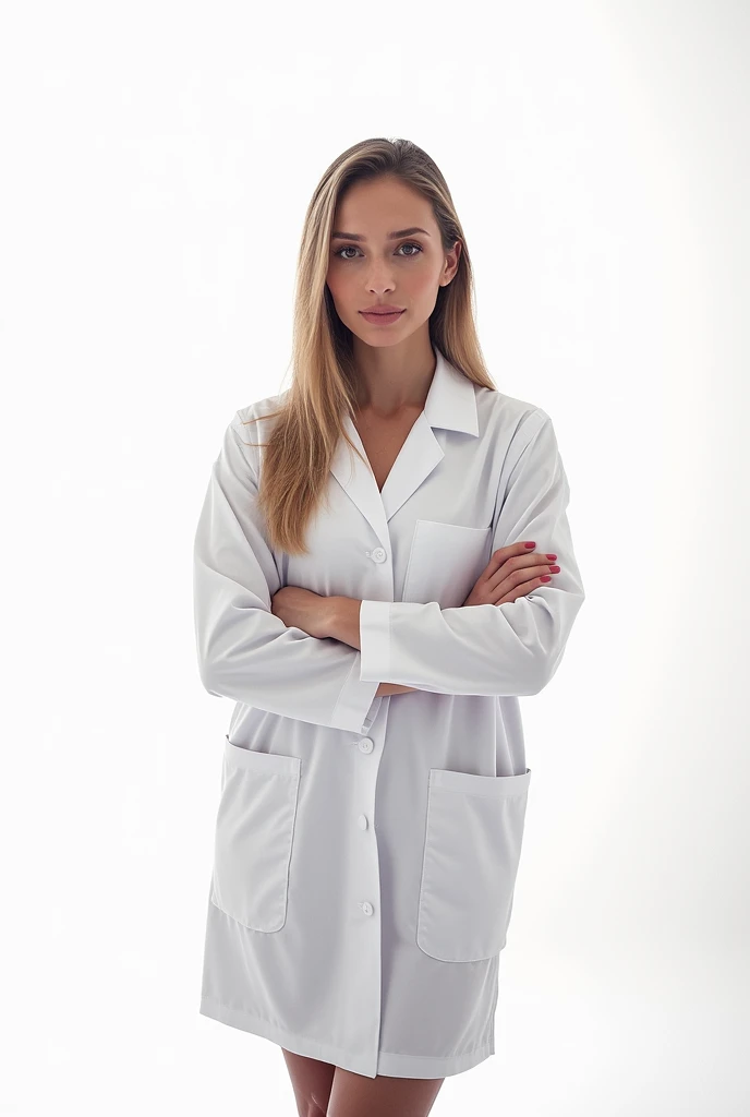 ((without hair))), Woman in white coat (((without hair))), crossed arms, (((without hair))), white background
