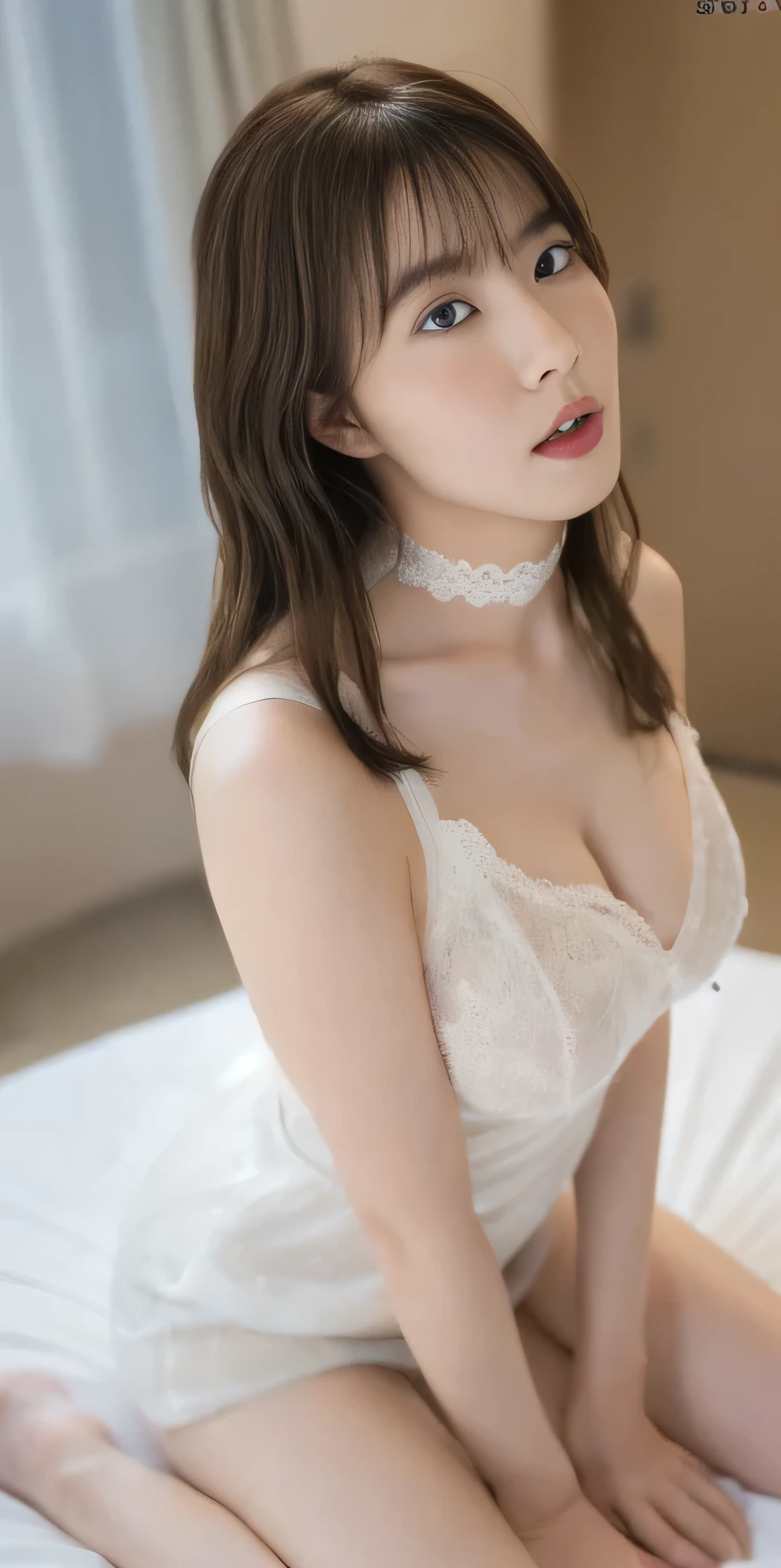 (8k, Original photo, Highest quality, masterpiece:1.2,),((((((truthistic, photo truthistic:1.3)))))),(((Detailed Background:1.2))),(((With a slightly open mouth:1.3))),Ultra-high resolution, (8k, Original photo, Highest quality, masterpiece),(truthistic, photo truthistic),Ultra-high resolution,Highly detailed CG synthesis 8k wallpaper,(truth_skin, oily skin),Perfect Anatomy, bangs,Beautiful brown hair,Shiny medium length straight hair,Night Time,(thigh),Full Body Shot,choker,(Hollow Eyes:1.2),Thin eyebrows,Beautiful Face,Transparent skin,Erotic,(Big Breasts:1.3),Small Nose,Sex slave,Expressionless like a doll,(Love Hotel at Night:1.8,Luxurious Room,Pink lighting illuminates the room,Love bed,On the bed) ,(A love hotel with a night view from the window:1.4),Showing cleavage, Sexy pose,Slim figure,(Cinema Lighting),(((Sexy white wedding dress:1.3、Pure white lace、pure white wedding veil))),((Expressionless,Emotional erasure)),(Kayako Abe:1.4),Hands tied behind your back, Lying down, Wide-open legs, Elevate your legs, Underbust, Kneel, blowjob, Sitting on knees, Spread your thighs, Kneel, (look up:1.4),(Frontal view:1.5)、(Full Body Shot:1.2)