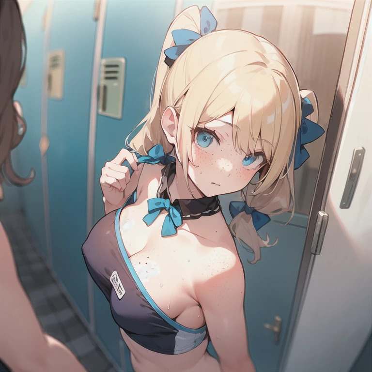 (Blonde,Long twin tails),(Very curled hair,Blue ribbon,Bright blue eyes,freckles),(mega breasts),BREAK,nsfw,((fisheye distorted lens)),Peephole viewpoint,(locker room),side view,(looking away:1.5),change of swimwear