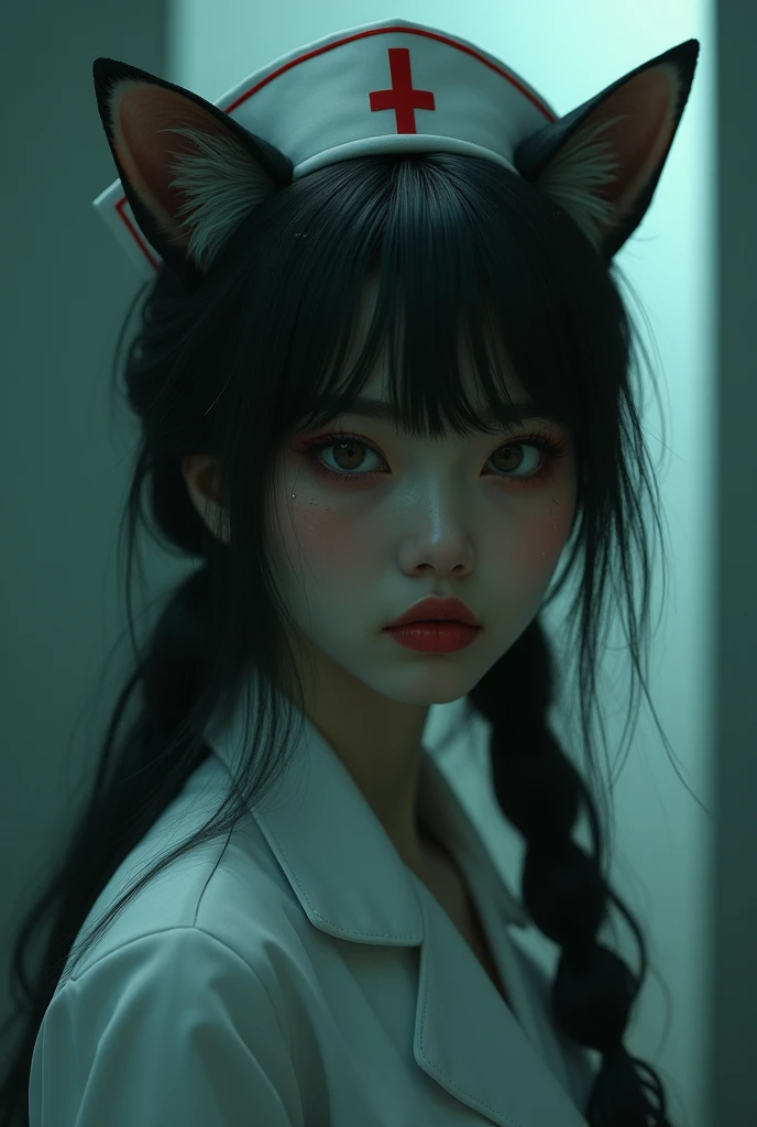 long hair, low-tied long hair, nurse cap, eyeball, wide eyes, cat ears, makeup, Surrealism, Surrealism, Contemporary art, Realism, image fill, silhouette, chiaroscuro, first-person view, f/1.8, UHD, masterpiece, 16k, 8k