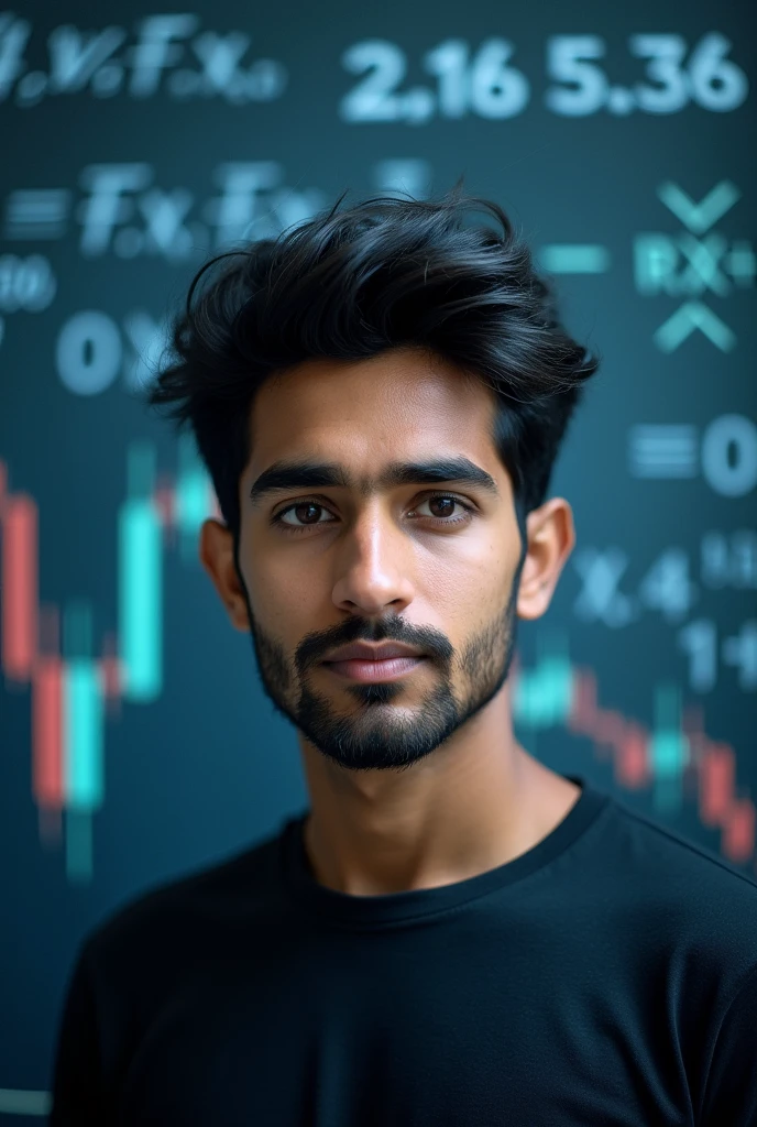An image cover of a work about "Financial Mathematics" ou "Financial education"
In the image I want there to be mathematical calculations and a young man with straight Indian-style hair.