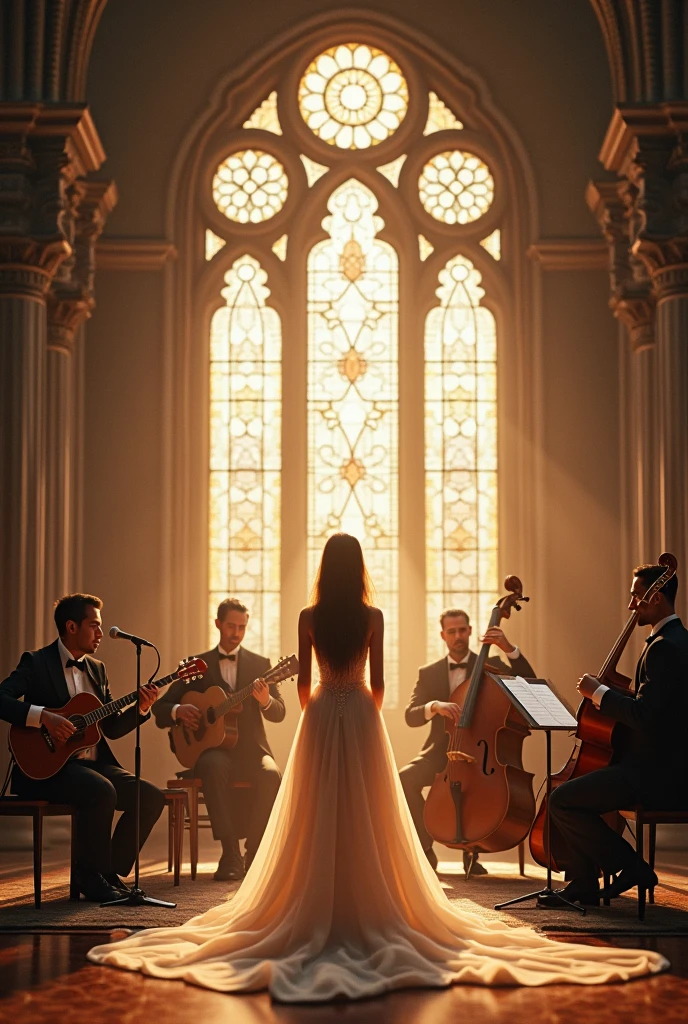 A musical ensemble, playing with a female vocalist in a church with lights 
