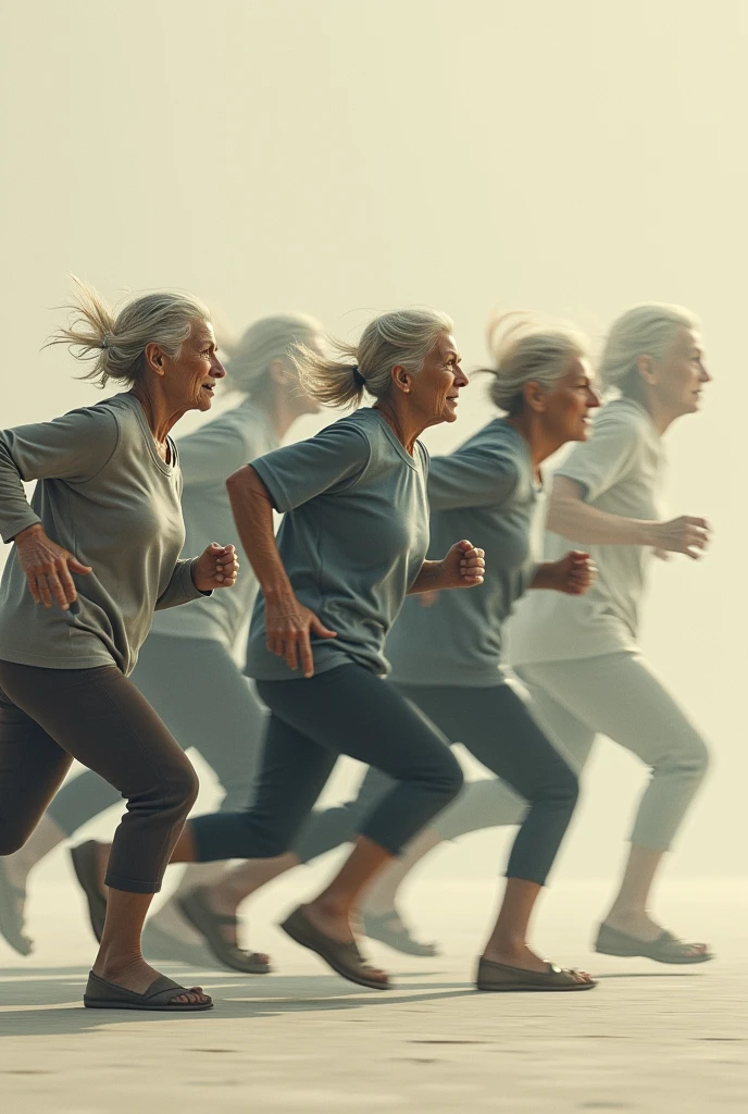 i want to create the illusion of movement of an old woman running . imagine you have a photograpf camera and at each second you take a picture at a latteral view, you will take ten pictures and show me these ten different positions in one image but not seeing the woman in front , but as a side view
