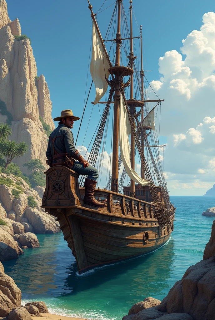 Ship docked in a rocky area with cowboy smoking a cheerot seated on the rudder