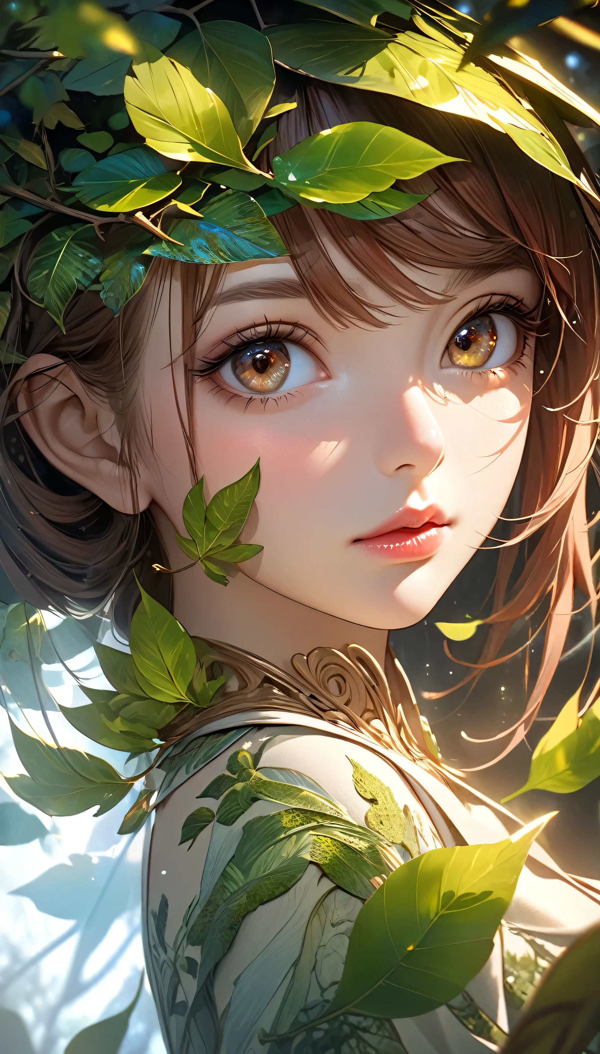 Zelkova landscape, bright canvas, The zelkova leaves are fluttering, Transparent holographic reflection, A surreal landscape made of zelkova leaves, Leaves viewers speechless, A beautiful world, 1 Russian woman, detailed eyes, brown eyes, detailed lips, very detailed face, long eyelashes, Beautiful and detailed portraits, elegant, tranquil expression, summer, high quality, 8k, realistic, surrealist, studio lighting, Physically Based Rendering, vivid colors, movie lights, dramatic lighting, soft lighting, dramatic contrast, clear, ethereal, dreamlike, mysterious, magical, fancy, concept art
