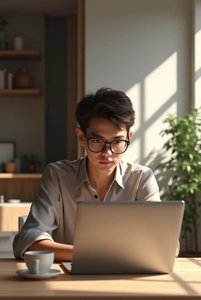 the image could show a person working on a laptop from their home, with a backdrop of a modern home and a cup of coffee on the table.