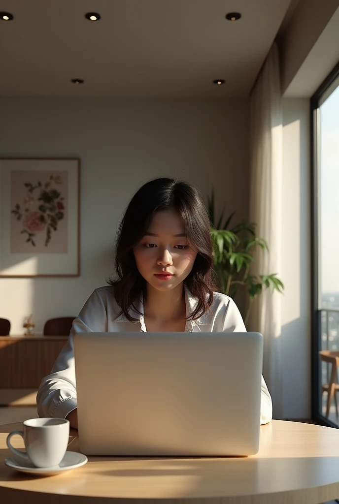 the image could show a person working on a laptop from their home, with a backdrop of a modern home and a cup of coffee on the table.