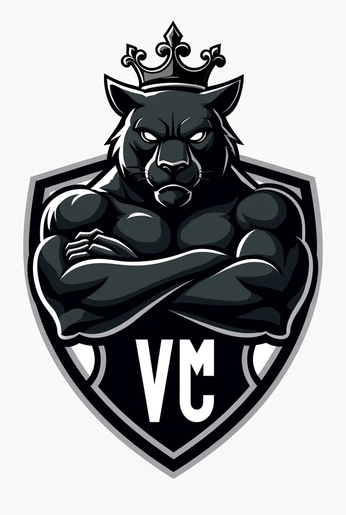 Create a team crest inspired by Real Madrid, with black and white colors, do something different, put some mascot in the logo, and the team name too, the team name is REAL VM FC, remember if, It's not to do the same as Real Madrid, just inspire, put the name REAL FC on the shield, make a mascot more intimidating with its mouth closed, make it a more ferocious pet, it doesn't have to be an animal, make the shield round with a crown on top, make the most ferocious mascot, closed mouth, do something more professional, make the shield round with the crown and on top, and the mascot could be a black panther with its arms crossed, don't forget to put the REAL VM name on the shield.
