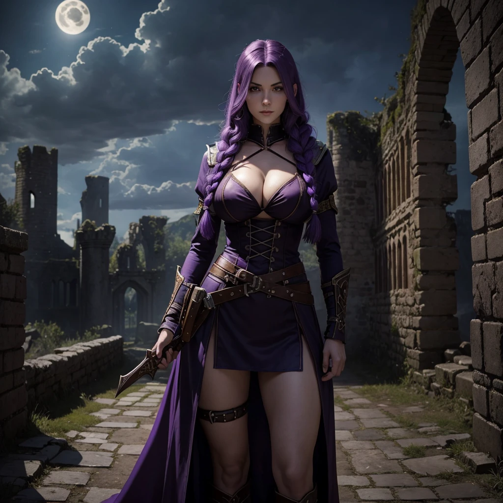Beautiful caucasian woman. Fit body. Big round boobs. Just one woman. Alone. Western woman. Long hair with 1 braid. Purple hair. Bright purple eyes. Woman cosplaying as a vampire hunter from the Belmont family from the Castlevania games. She is standing in front of the ruins of a dark medieval castle during a full moon night. Dynamic light. Dynamic shadows. High resolution.